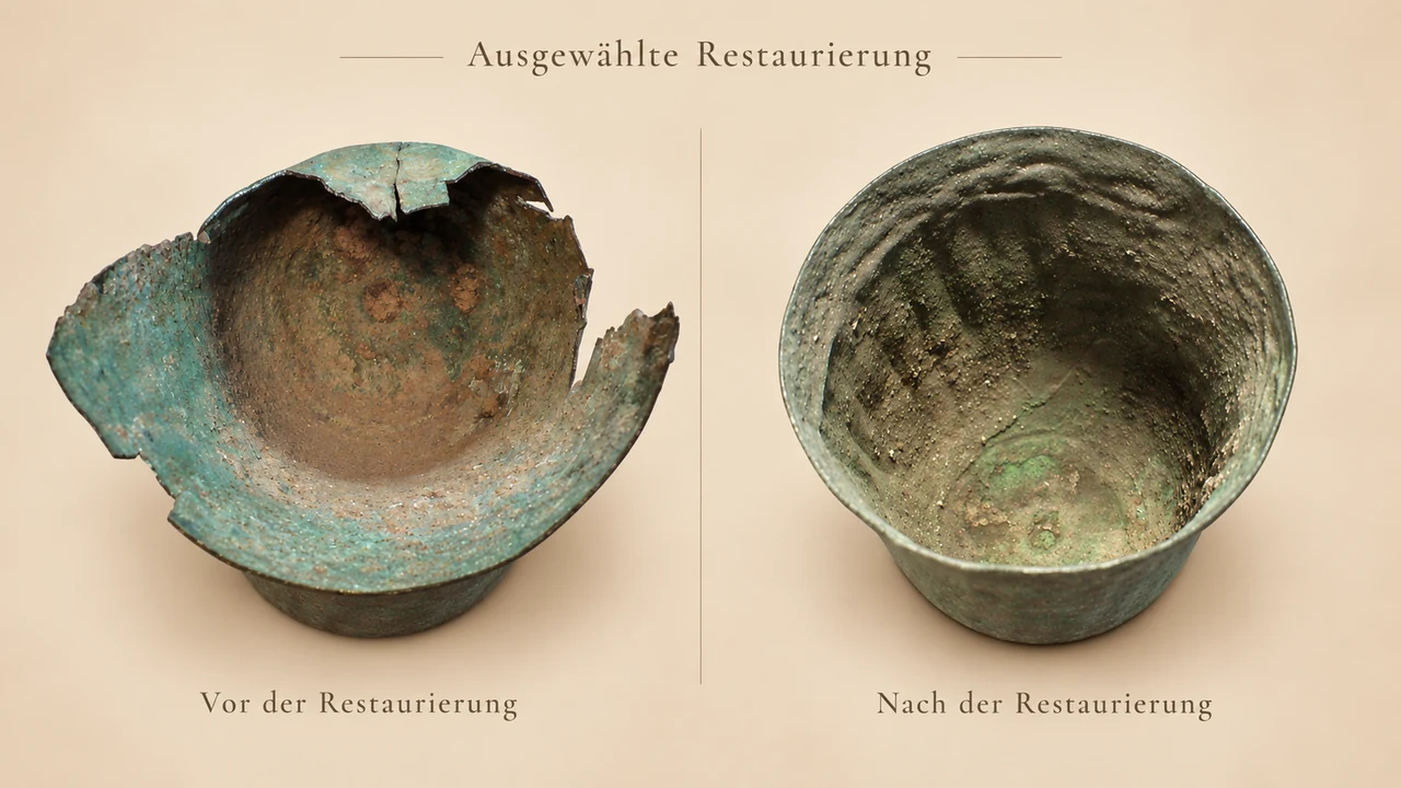 Vergleich vor und nach der Restaurierung eines beschädigten Bronzegefäßes