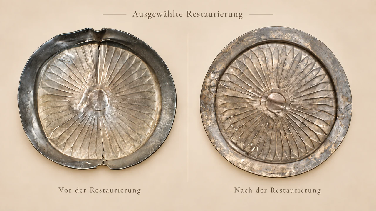 Vergleich vor und nach der Restaurierung einer Silberschale mit strahlenförmigem Relief