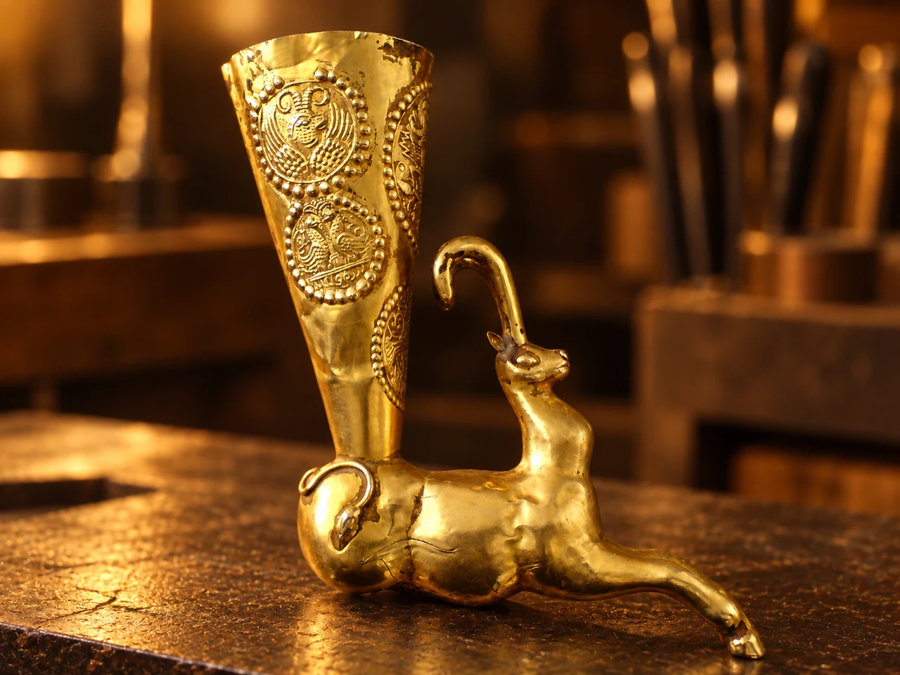 Historisch inspiriertes Rhyton in Tierform in warmer Werkstattatmosphäre